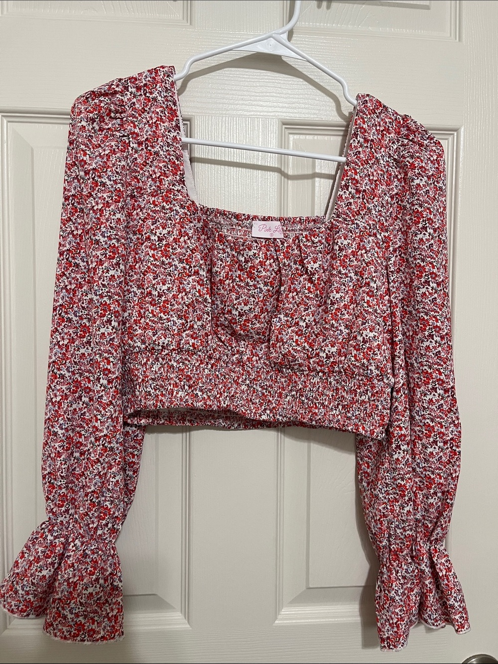 Pink Lily Pink Red Floral Smocked Crop Top